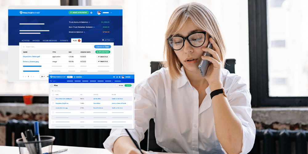 Woman lawyer talking on the phone with a client while reviewing invoices and case files in PracticePanther