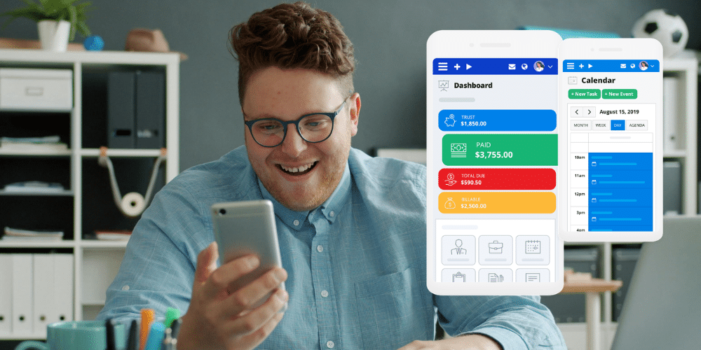 A male lawyer looking at upcoming client meetings and invoices using PracticePanther's mobile app