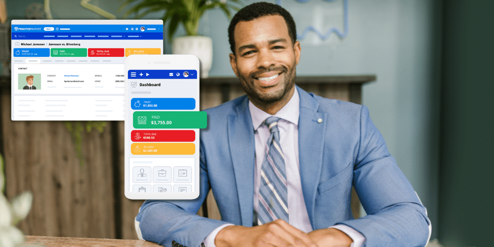A male lawyer looking at PracticePanther's legal case management desktop and mobile dashboards
