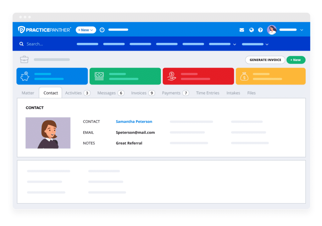 A view of PracticePanther's legal CRM dashboard