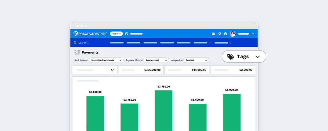 PracticePanther dashboard showing payments with tag filters