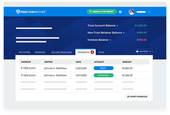 PracticePanther dashboard showing cloud payment with client portal