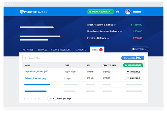 PracticePanther dashboard showing cloud file management with client portal
