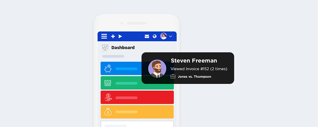 PracticePanther mobile dashboard showing contacts and matter management