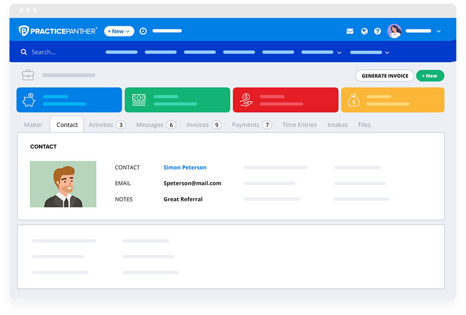 PracticePanther dashboard showing contacts and matter management