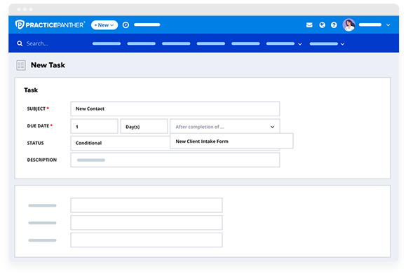PracticePanther dashboard showing new task setup