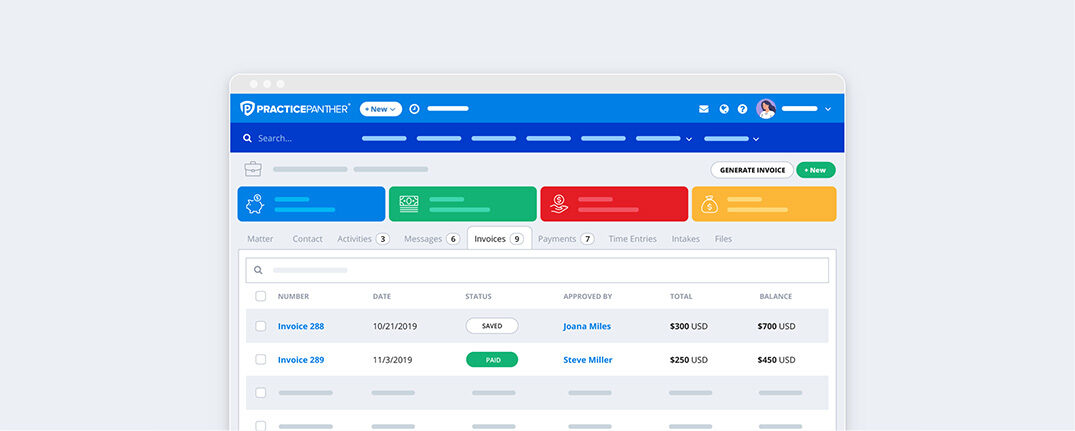 PracticePanther dashboard showing contacts and matters