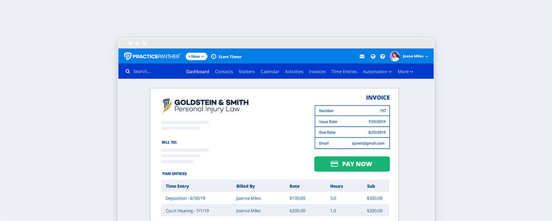 PracticePanther showing client invoicing