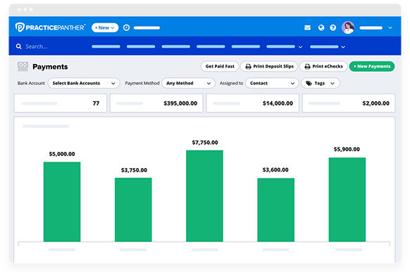 PracticePanther dashboard showing payments reports