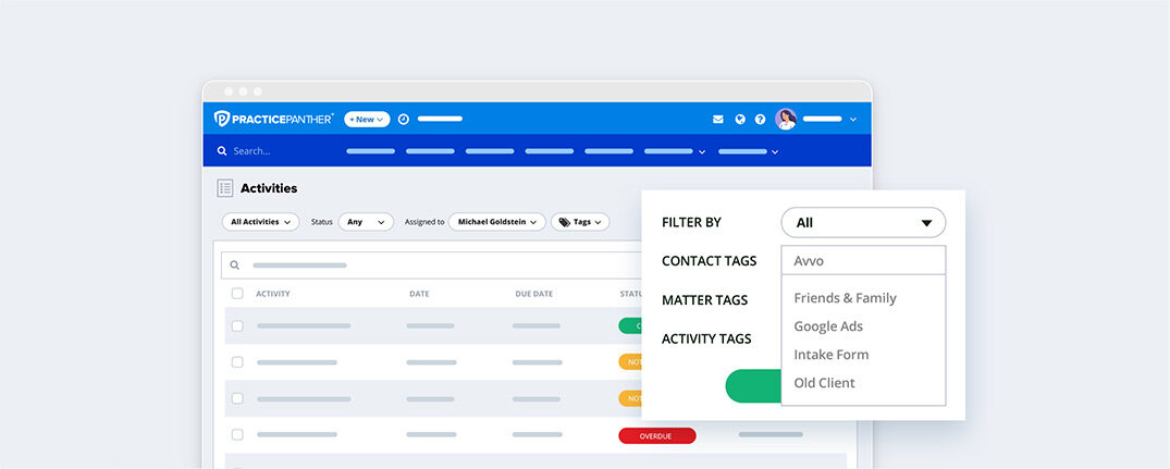 PracticePanther dashboard showing activity filters by tags