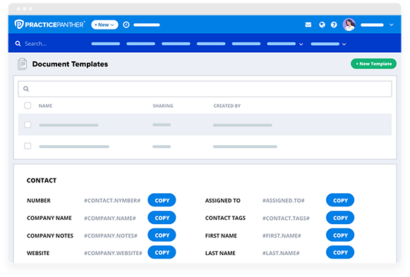 PracticePanther dashboard showing document templates
