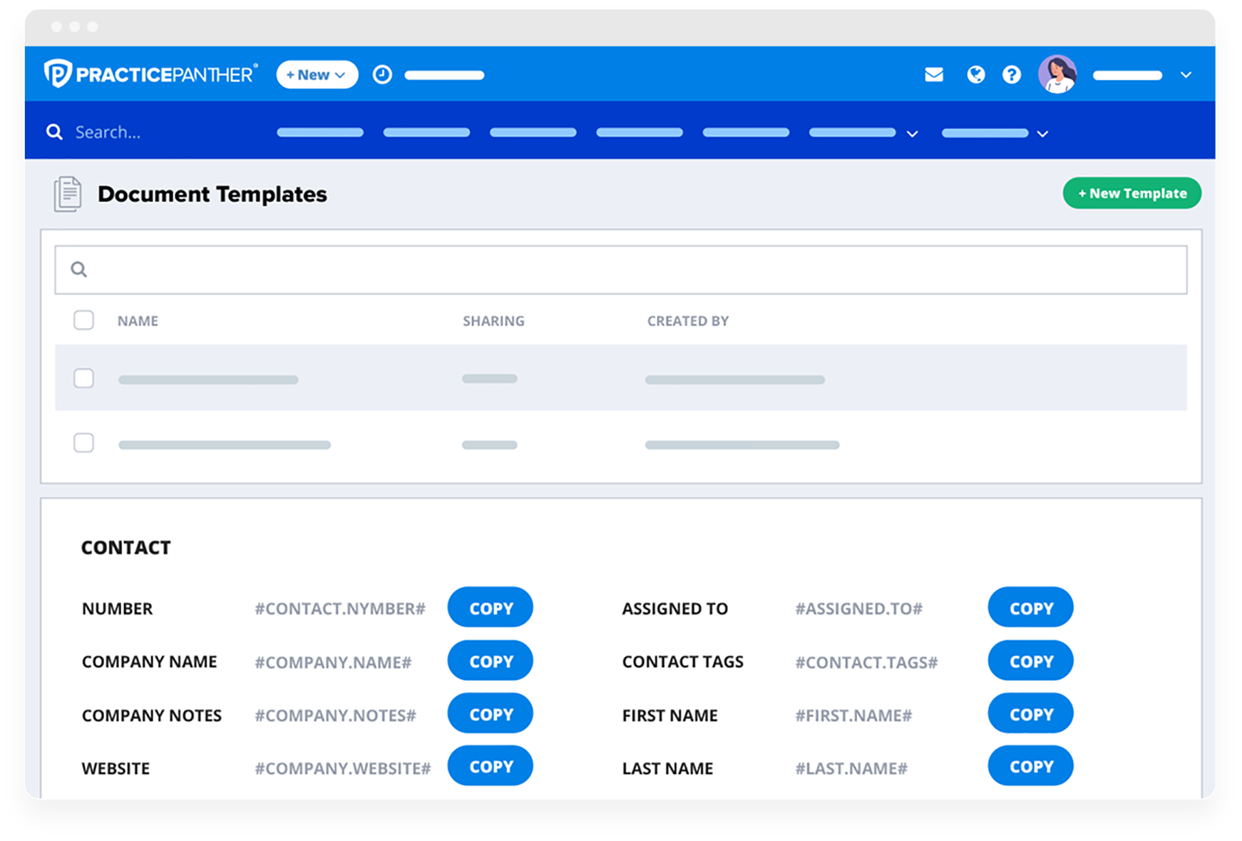 PracticePanther dashboard showing document templates