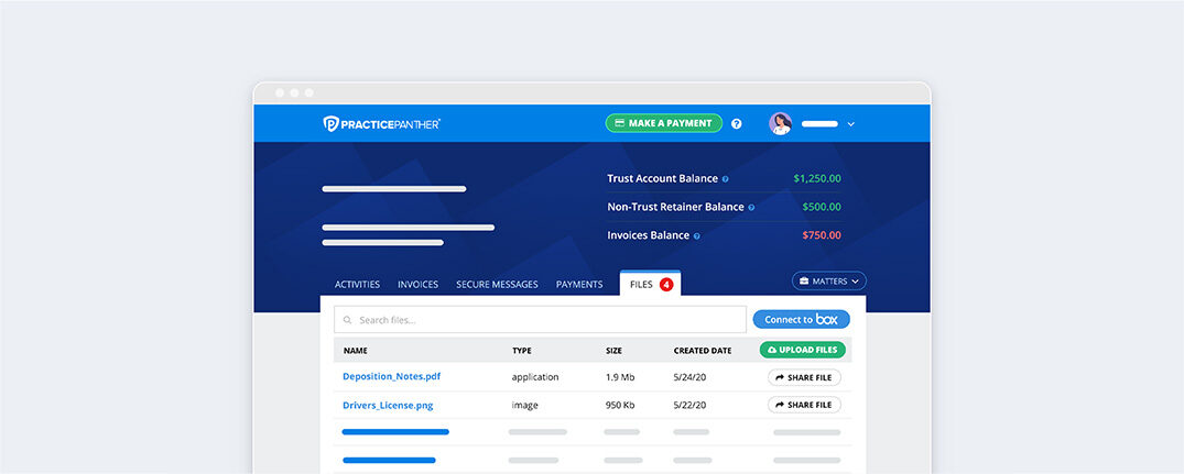 PracticePanther dashboard showing files in table