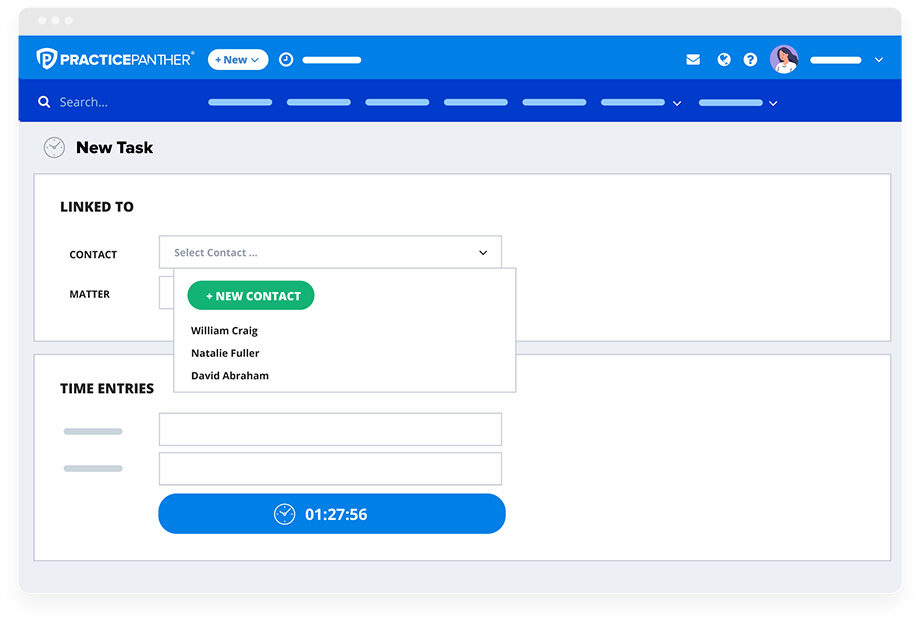 PracticePanther dashboard showing new task and reminders
