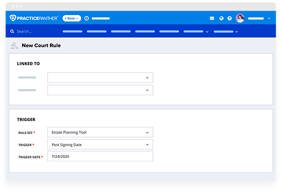 PracticePanther dashboard showing court rules