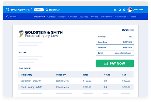 PracticePanther dashboard with invoices