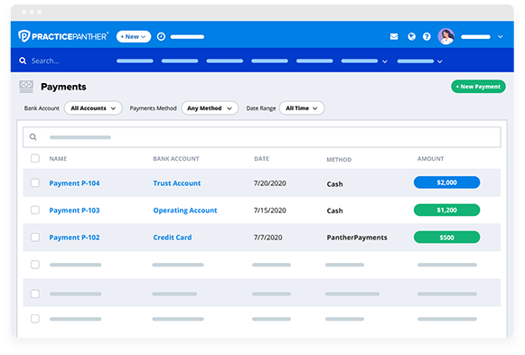 PracticePanther dashboard with payments reports and tracking