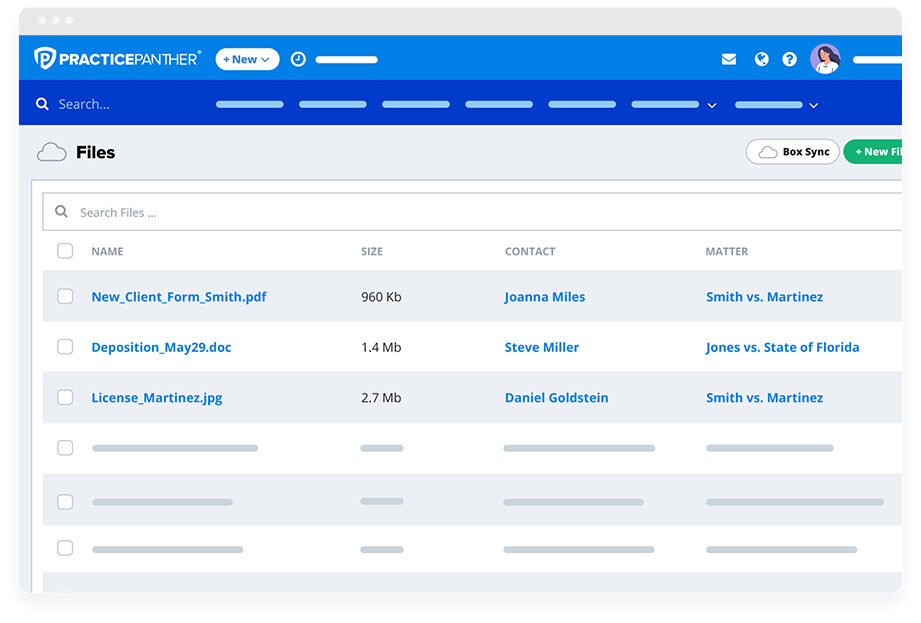 PracticePanther dashboard showing files setup