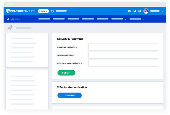 PracticePanther dashboard showing security and password setup