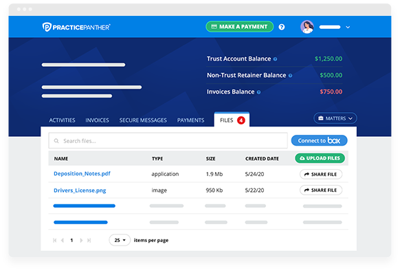 PracticePanther dashboard showing files saved