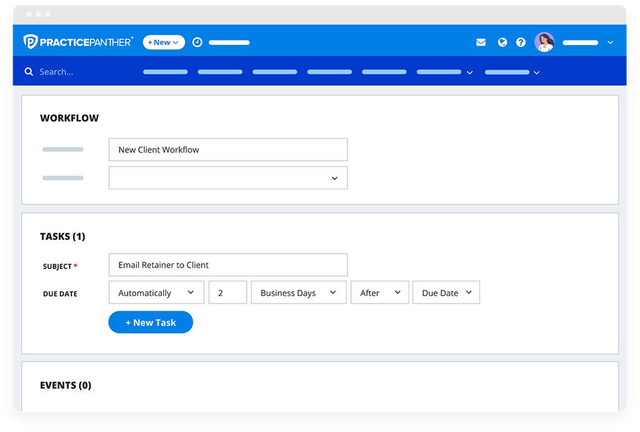 PracticePanther dashboard showing task workflow setup