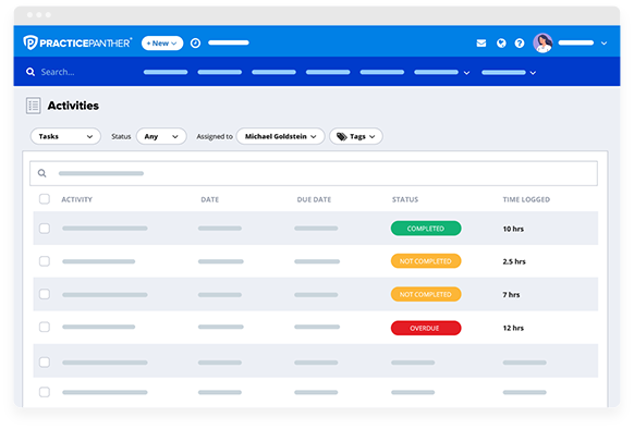 PracticePanther dashboard showing task management