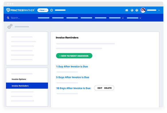 PracticePanther dashboard showing invoice reminders