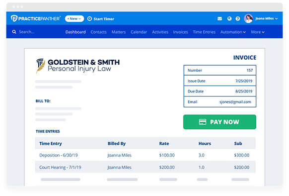 PracticePanther dashboard showing invoice templates