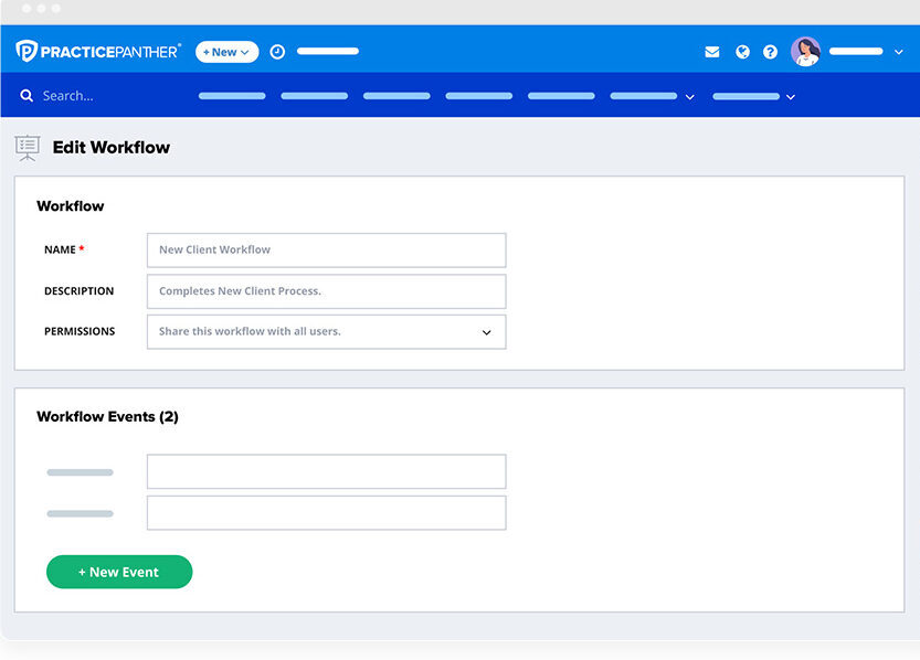 PracticePanther dashboard showing workflow edit screens