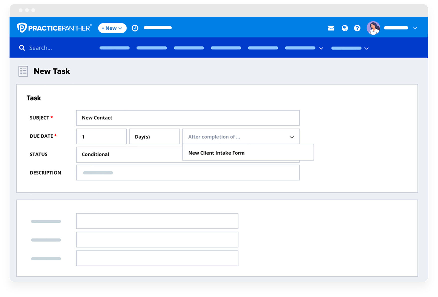 PracticePanther dashboard showing task setup workflows