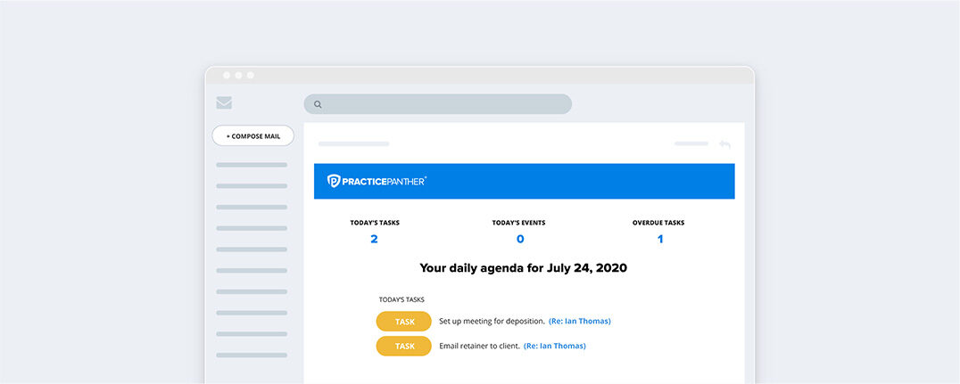 PracticePanther dashboard showing agenda setup