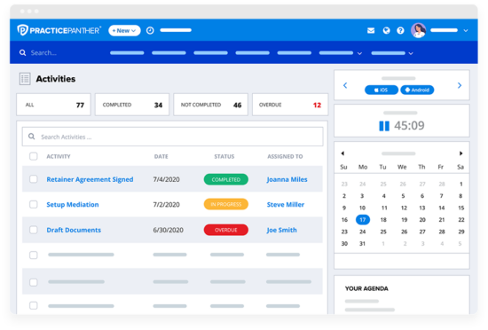Review of activities in PracticePanther dashboard