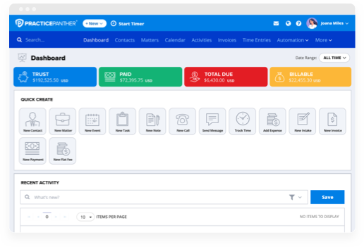 PracticePanther dashboard setup