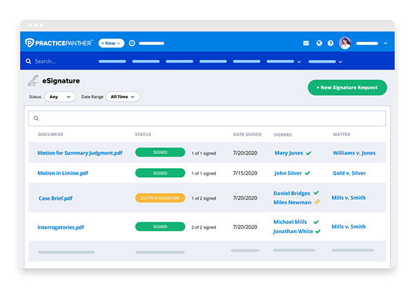 track esignature in PracticePanther
